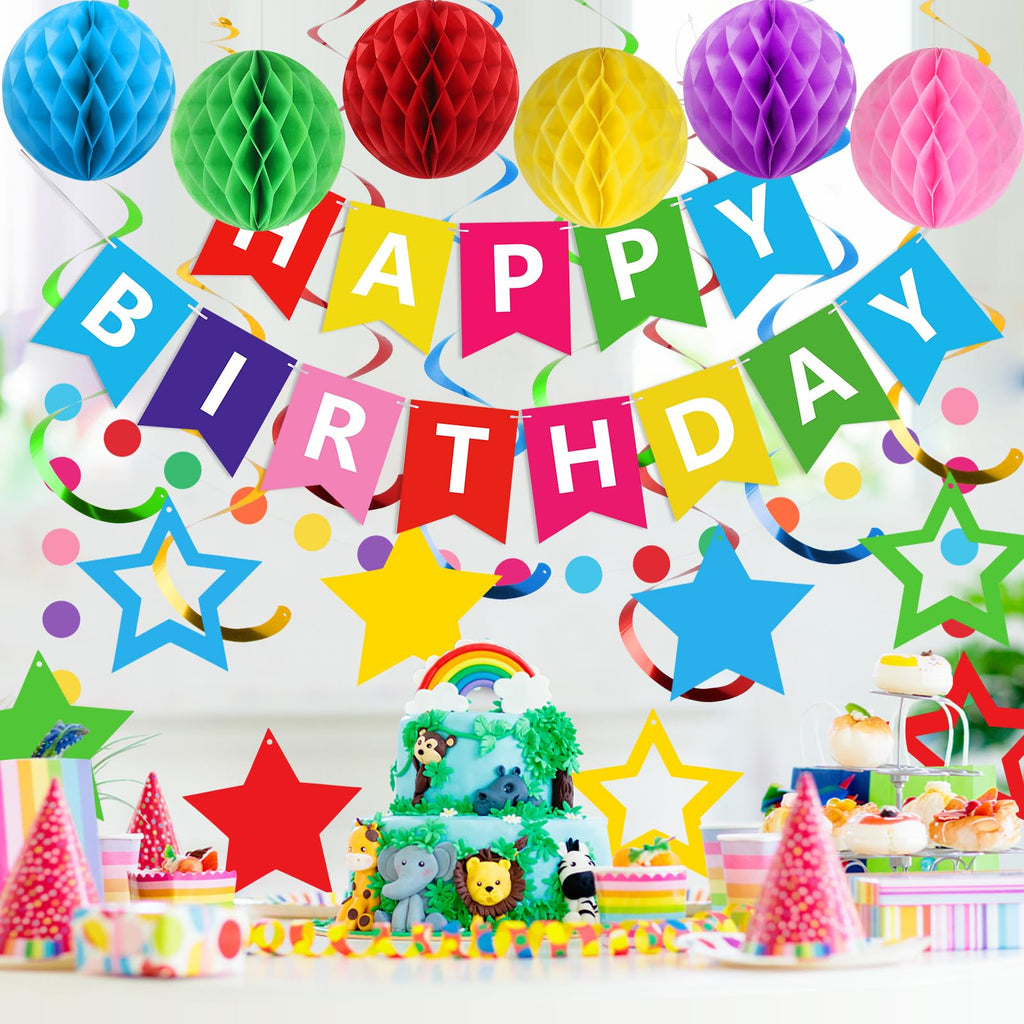 Meowtastic Rainbow Birthday Decorations – Banner, Honeycomb Balls & Stars Swirls