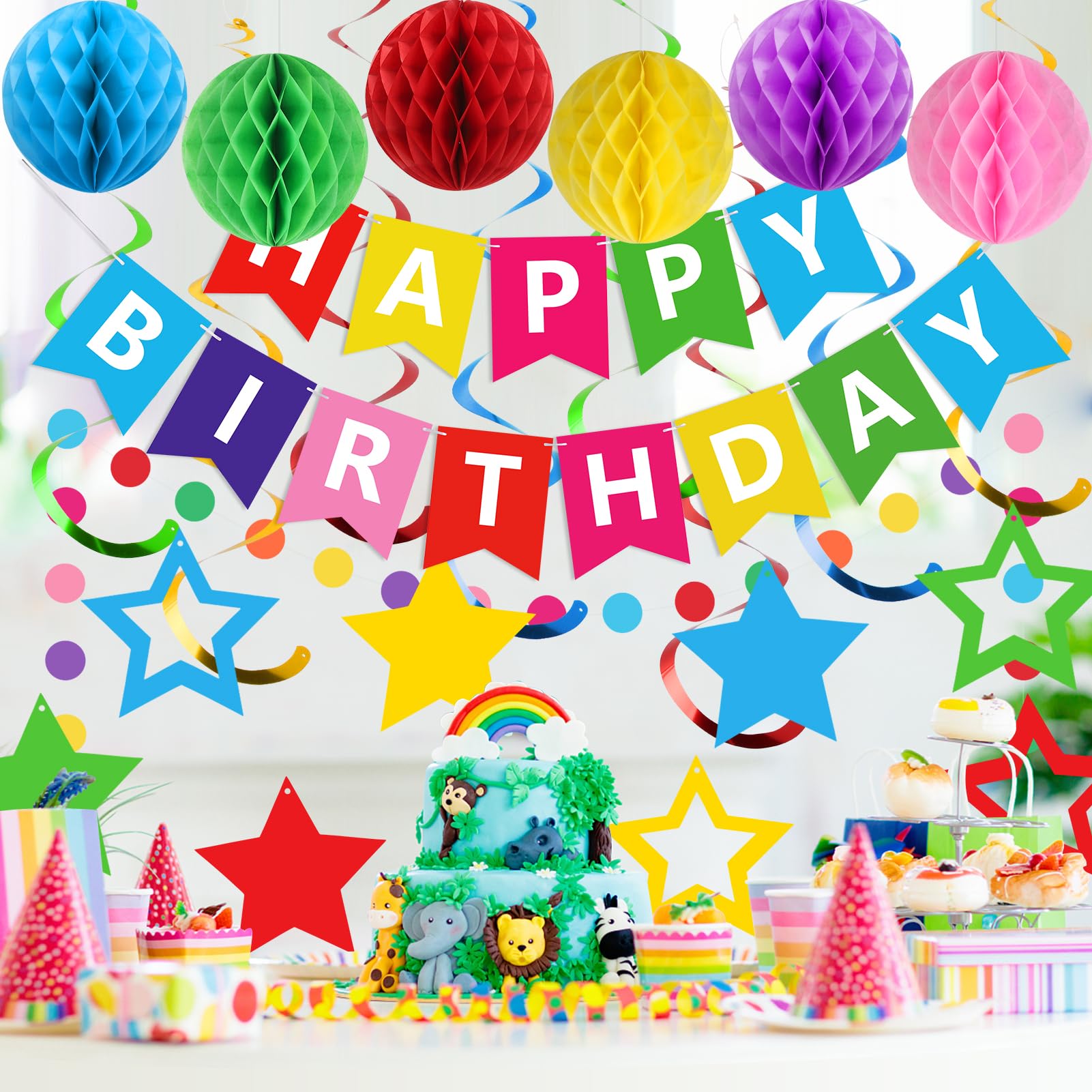 Meowtastic Rainbow Birthday Decorations – Banner, Honeycomb Balls & Stars Swirls