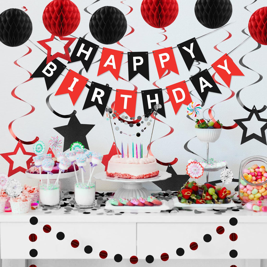 Meowtastic Birthday Decorations - Banner, Honeycomb Balls, Star Streamers & Dots Garland (Red & Black)