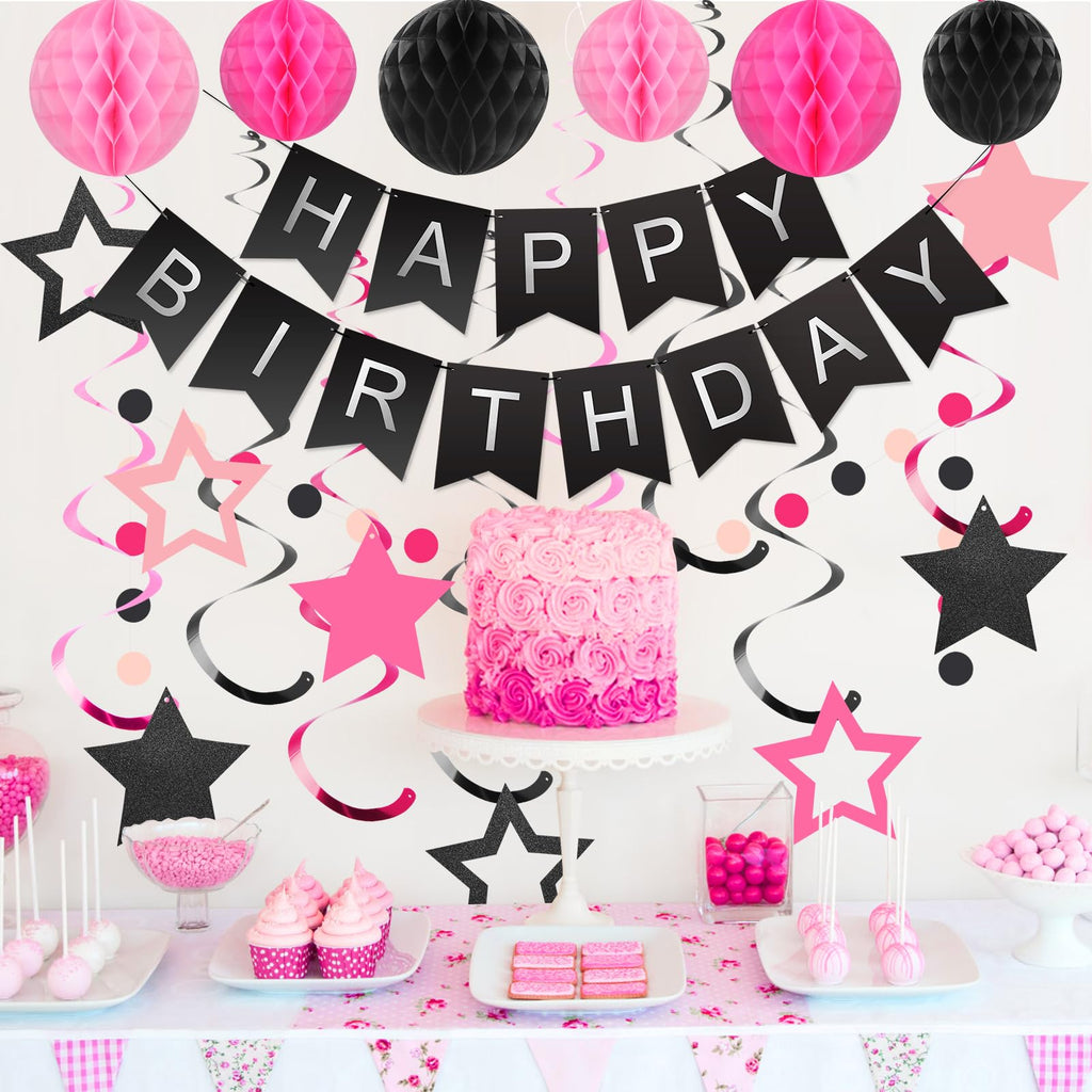 Meowtastic Birthday Decorations: Banner, Honeycomb Balls, Stars Swirl Streamers & Circle Dots Garland (Black & Pink)