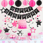 Meowtastic Birthday Decorations: Banner, Honeycomb Balls, Stars Swirl Streamers & Circle Dots Garland (Black & Pink)