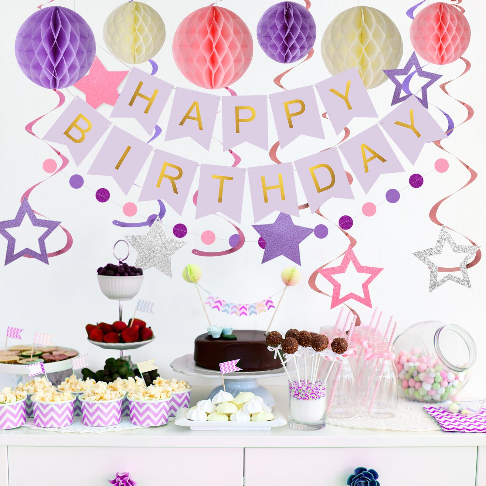 Meowtastic Birthday Decorations – Purple Banner, Honeycomb Balls, Stars Swirls & Circle Dots