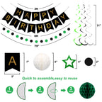 Meowtastic Birthday Decorations — Happy Birthday Banner, Honeycomb Balls, Star Swirl Streamers, Circle Dots (Green & Black)