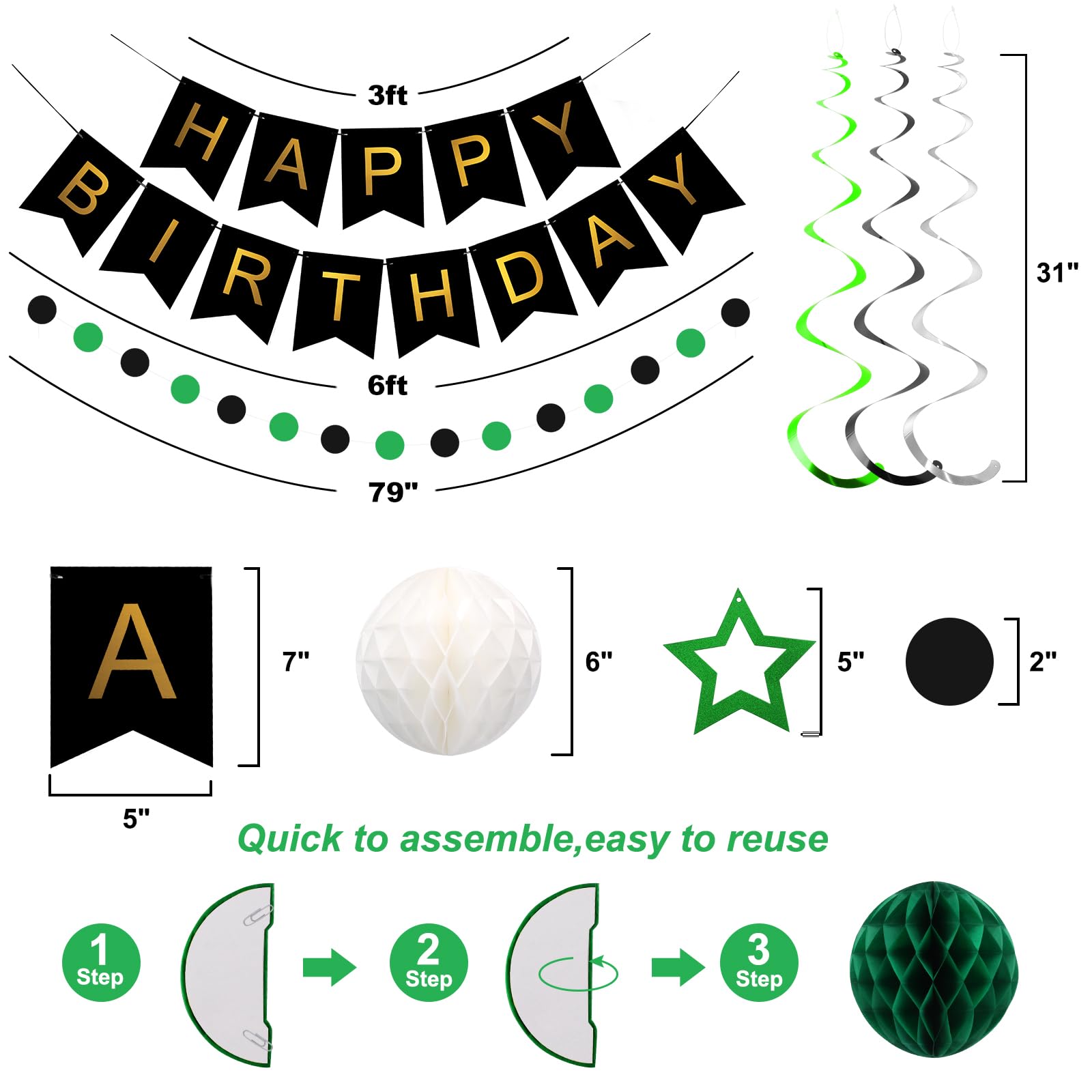 Meowtastic Birthday Decorations — Happy Birthday Banner, Honeycomb Balls, Star Swirl Streamers, Circle Dots (Green & Black)