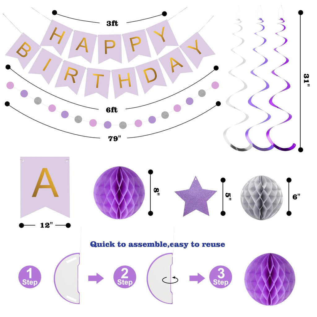 Meowtastic Birthday Decorations - Banner, Honeycomb Balls, Stars Swirls, Circle Dots (Purple & Silver)