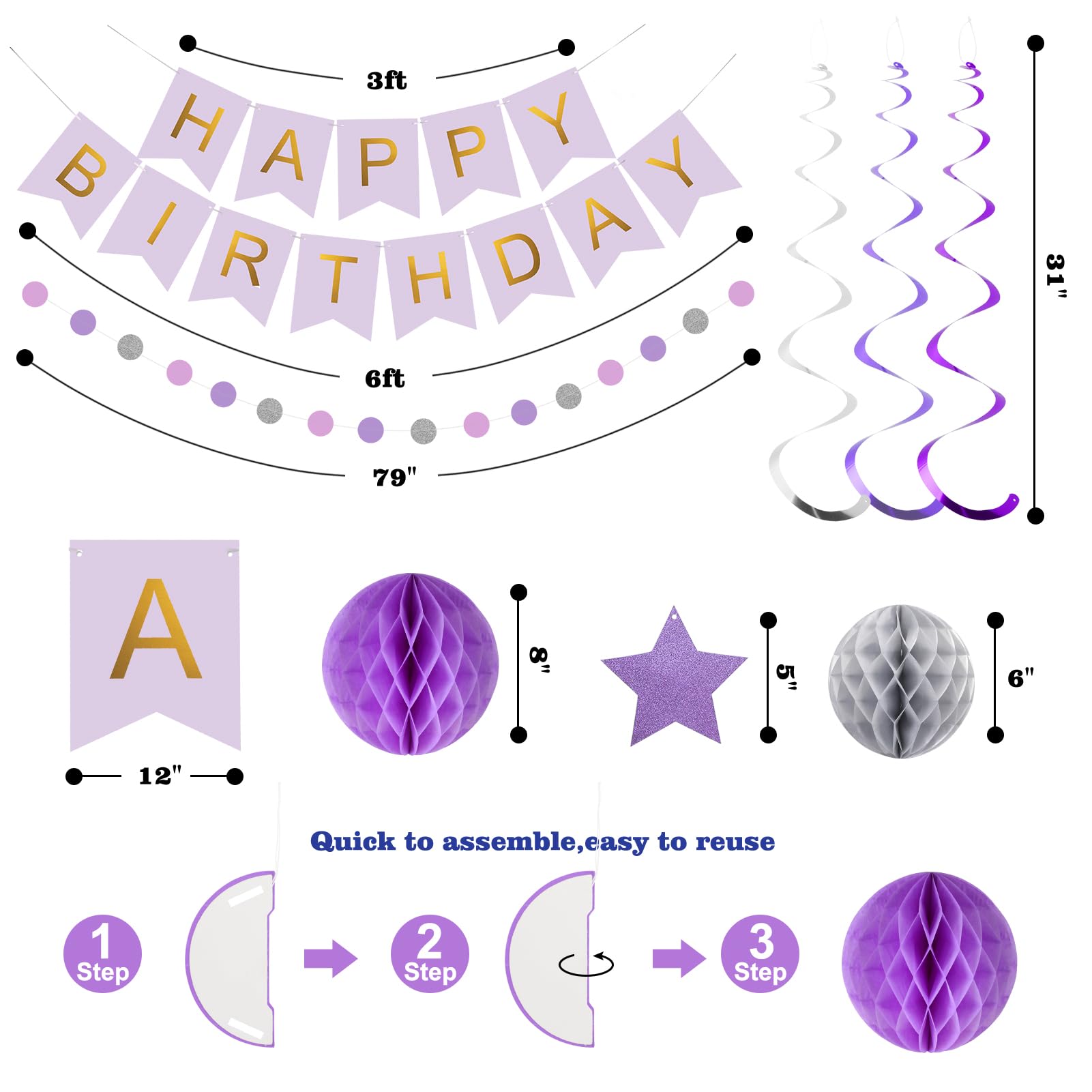 Meowtastic Birthday Decorations - Banner, Honeycomb Balls, Stars Swirls, Circle Dots (Purple & Silver)