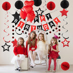 Meowtastic Birthday Decorations - Banner, Honeycomb Balls, Star Streamers & Dots Garland (Red & Black)