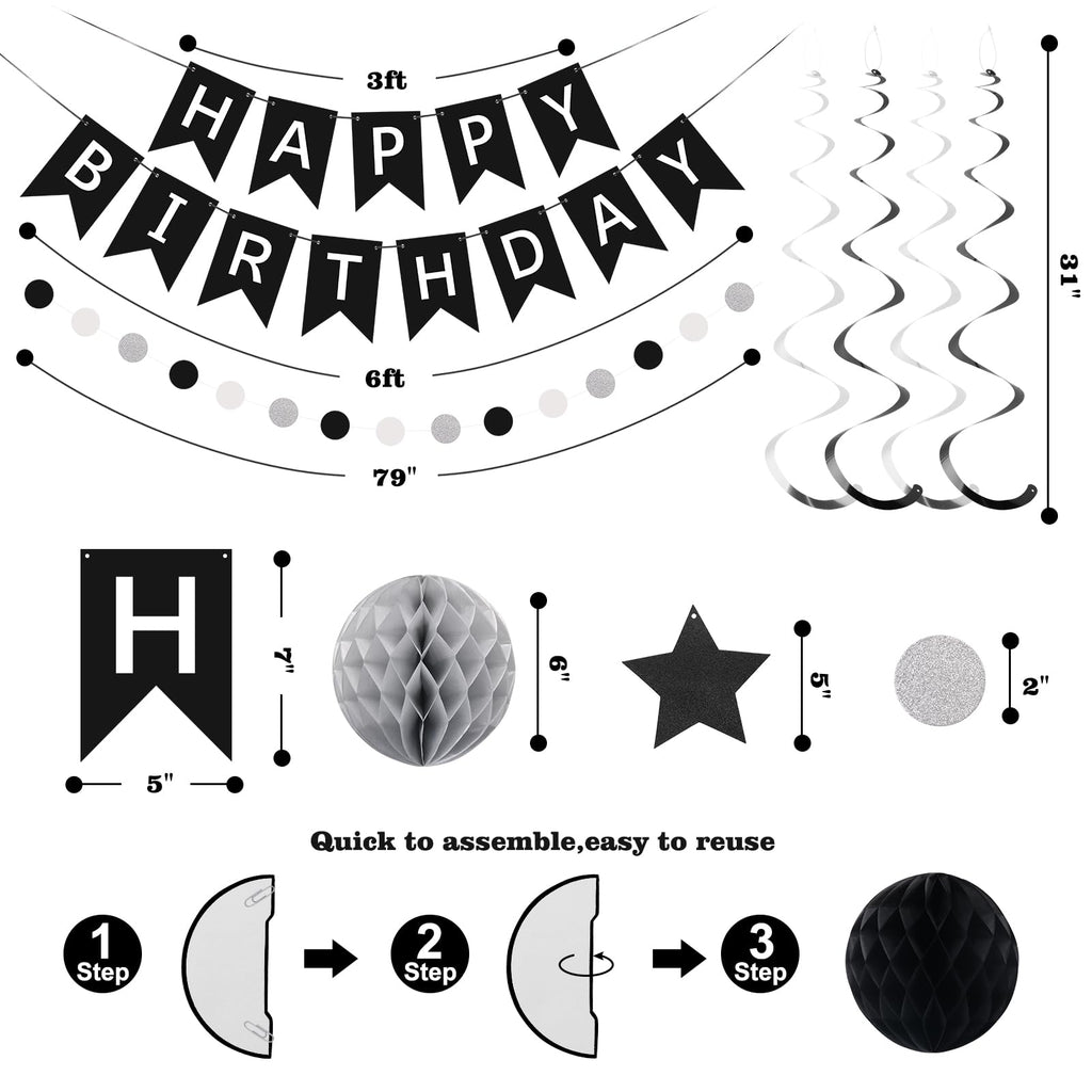 meowtastic Birthday Decorations - Happy Birthday Banner, Honeycomb Balls & Star Streamers in Black & Silver