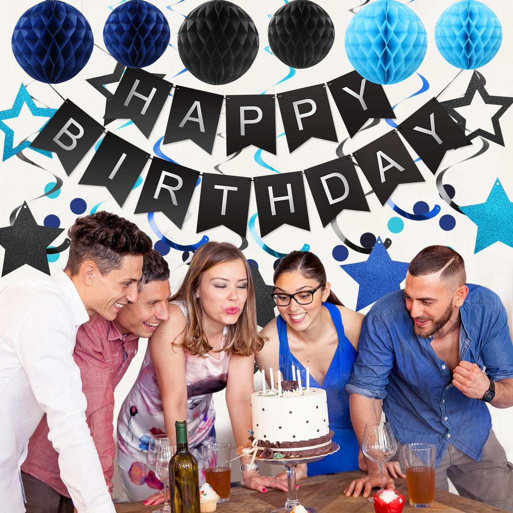 Meowtastic Birthday Decorations Set | Banner, Honeycomb Balls, Stars Swirl Streamers, Circle Dots Garland (Black & Blue)