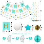 Meowtastic Birthday Decorations – Banner, Honeycomb Balls, Stars Swirls, Circle Dots (Mint)