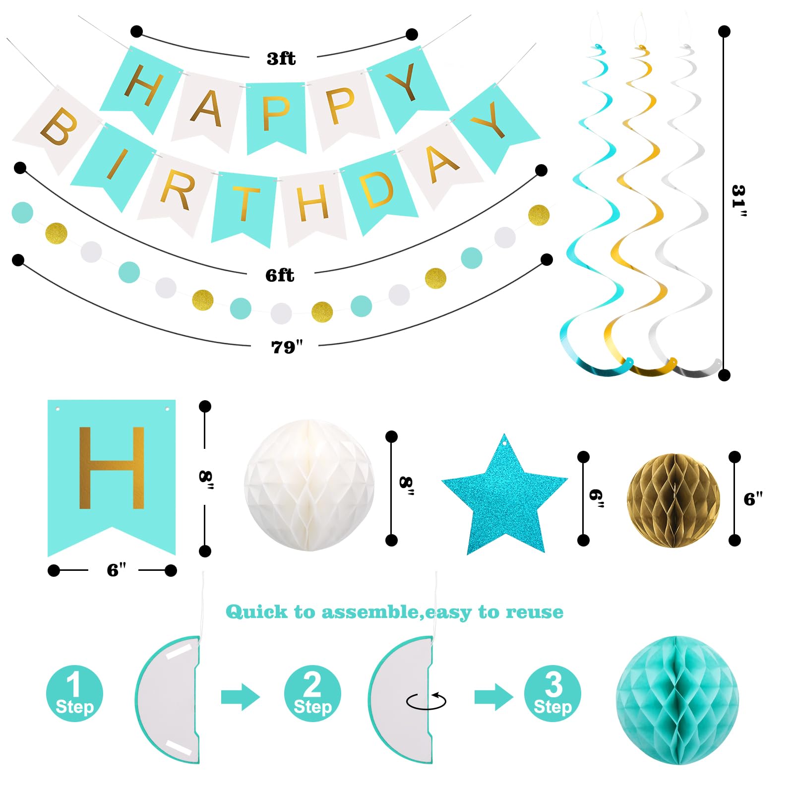 Meowtastic Birthday Decorations – Banner, Honeycomb Balls, Stars Swirls, Circle Dots (Mint)