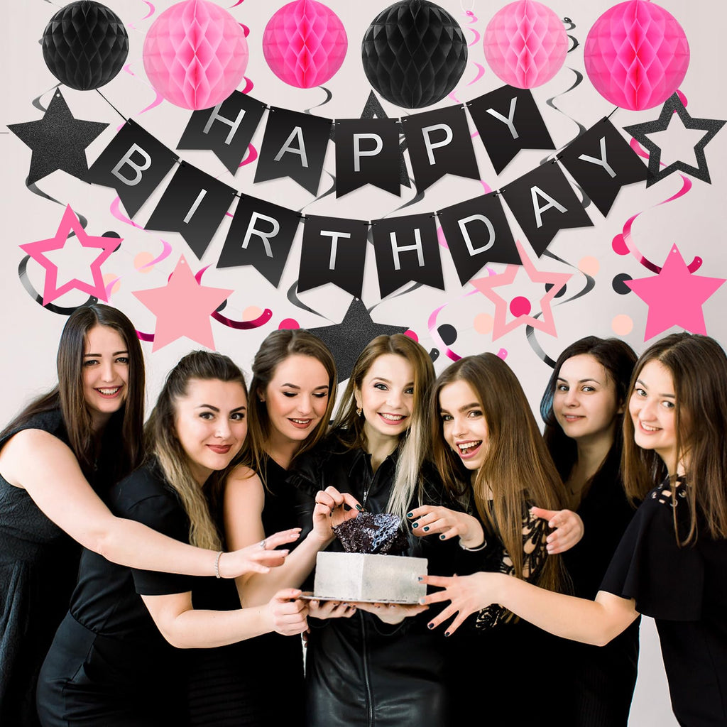 Meowtastic Birthday Decorations: Banner, Honeycomb Balls, Stars Swirl Streamers & Circle Dots Garland (Black & Pink)
