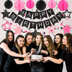 Meowtastic Birthday Decorations: Banner, Honeycomb Balls, Stars Swirl Streamers & Circle Dots Garland (Black & Pink)