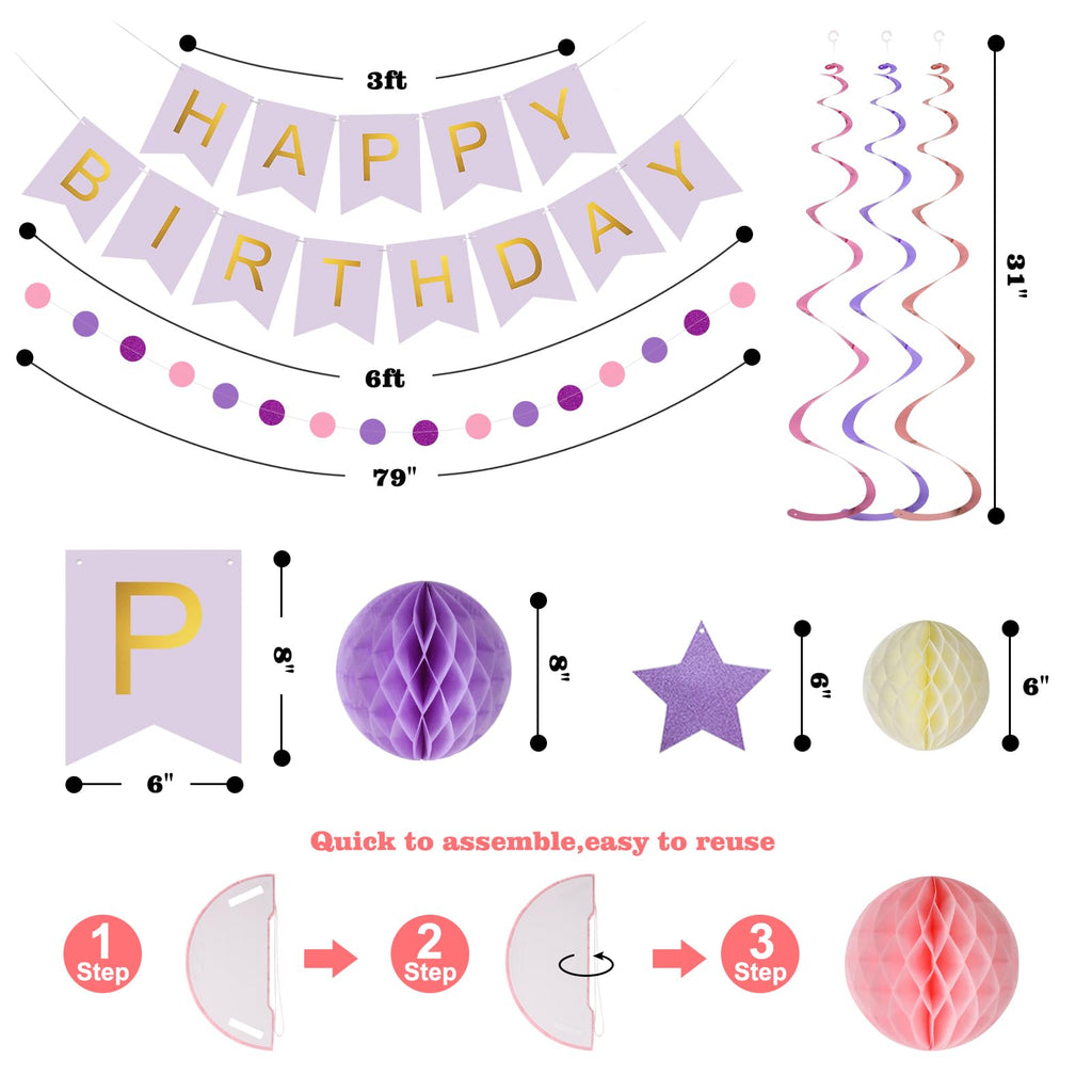 Meowtastic Birthday Decorations – Purple Banner, Honeycomb Balls, Stars Swirls & Circle Dots