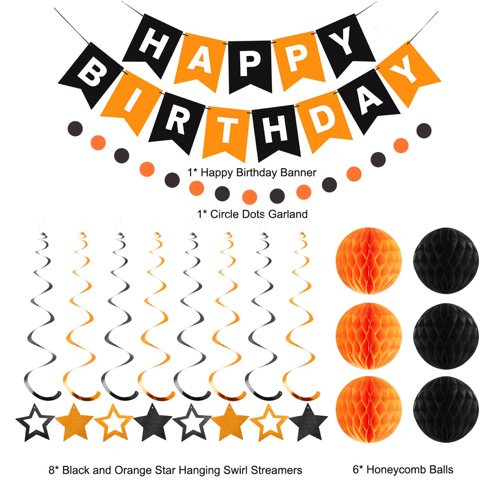 Meowtastic Birthday Decorations – Black & Orange Banner, Honeycomb Balls & Star Streamers
