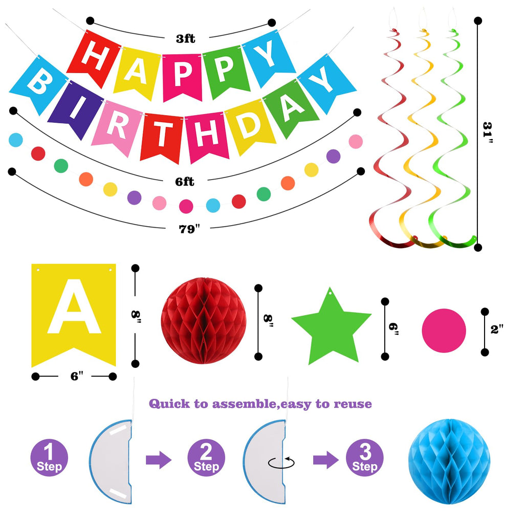 Meowtastic Rainbow Birthday Decorations – Banner, Honeycomb Balls & Stars Swirls