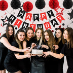 Meowtastic Birthday Decorations - Banner, Honeycomb Balls, Star Streamers & Dots Garland (Red & Black)