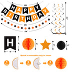 Meowtastic Birthday Decorations – Black & Orange Banner, Honeycomb Balls & Star Streamers