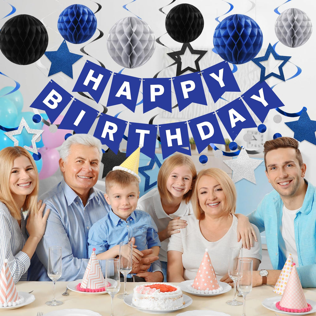 Meowtastic Birthday Decorations — Blue & Silver Banner, Honeycomb Balls & Swirl Streamers