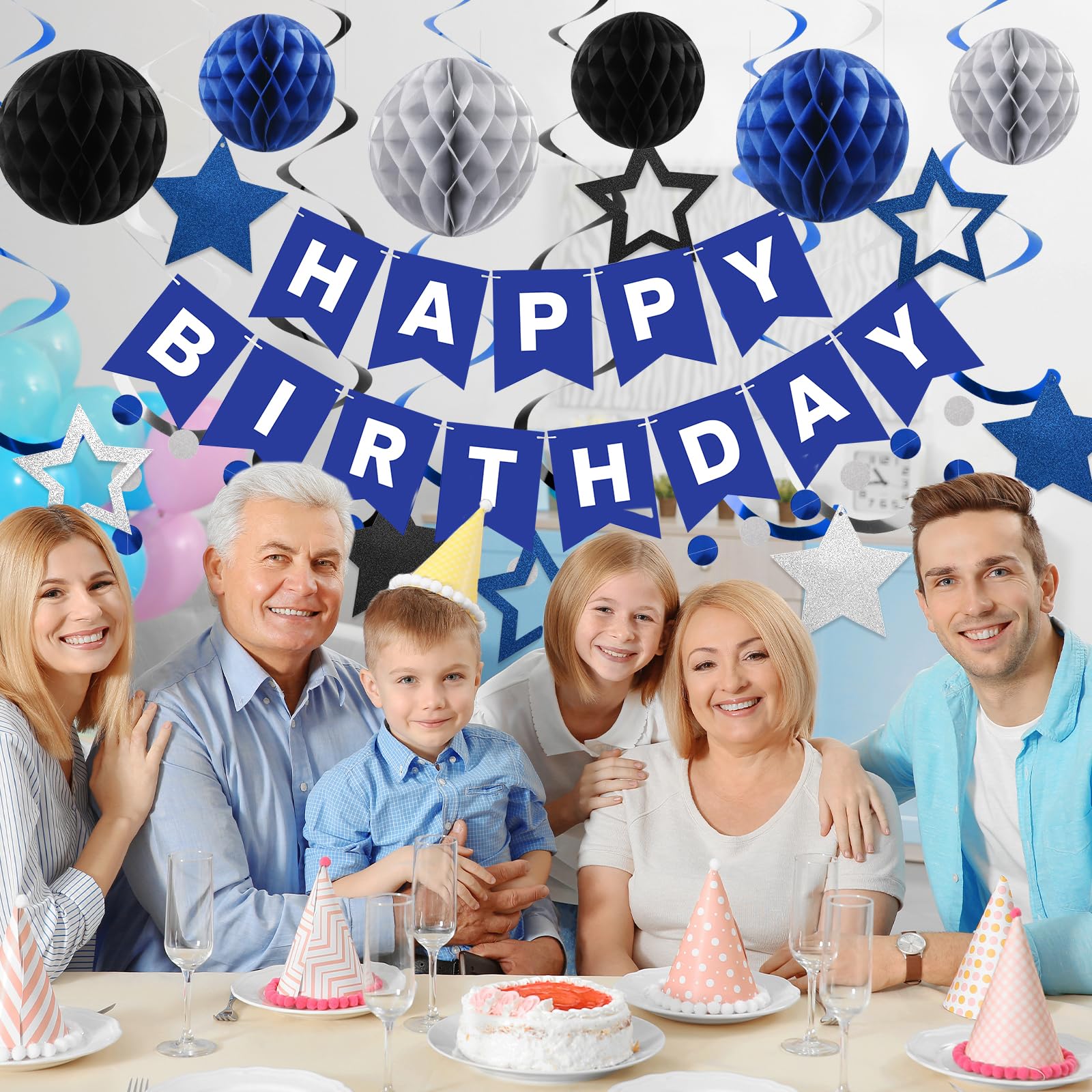 Meowtastic Birthday Decorations — Blue & Silver Banner, Honeycomb Balls & Swirl Streamers
