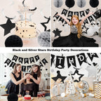 meowtastic Birthday Decorations - Happy Birthday Banner, Honeycomb Balls & Star Streamers in Black & Silver