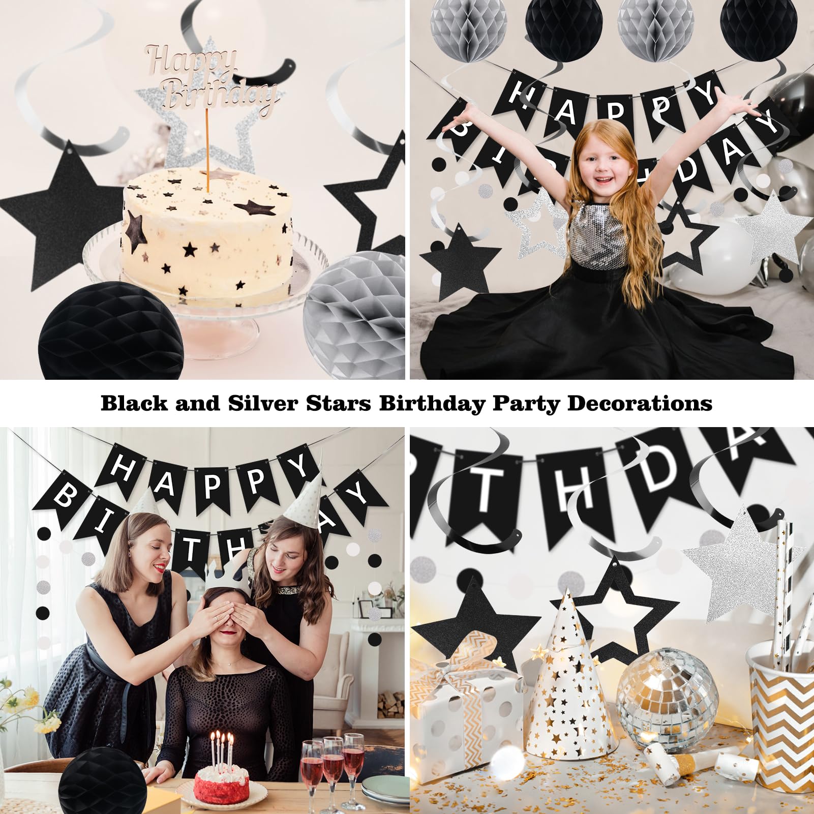 meowtastic Birthday Decorations - Happy Birthday Banner, Honeycomb Balls & Star Streamers in Black & Silver