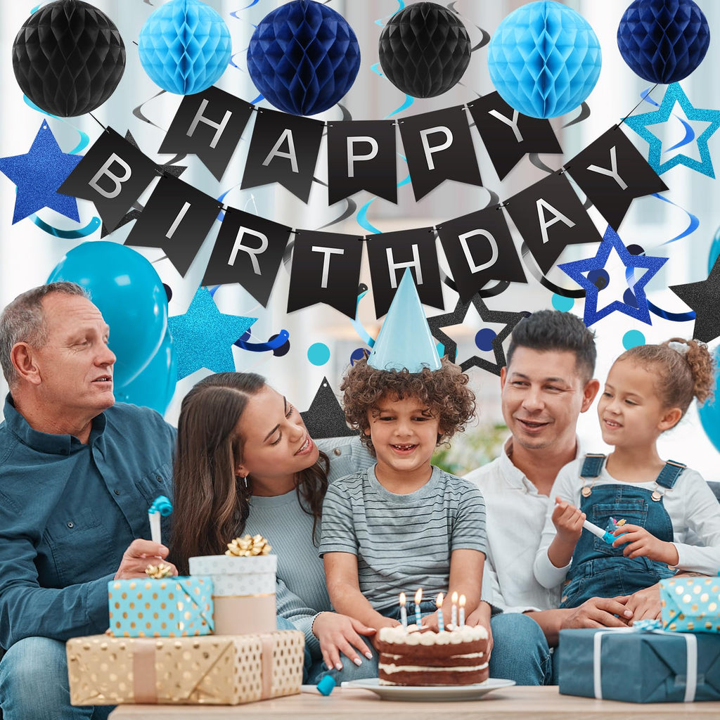 Meowtastic Birthday Decorations Set | Banner, Honeycomb Balls, Stars Swirl Streamers, Circle Dots Garland (Black & Blue)