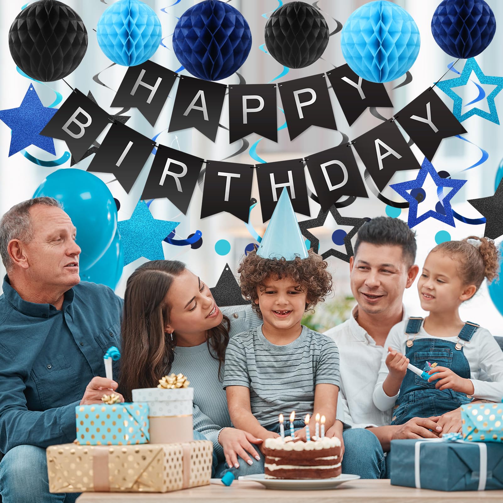 Meowtastic Birthday Decorations Set | Banner, Honeycomb Balls, Stars Swirl Streamers, Circle Dots Garland (Black & Blue)
