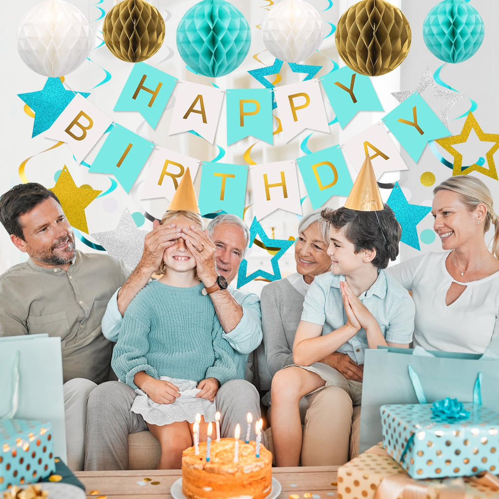 Meowtastic Birthday Decorations – Banner, Honeycomb Balls, Stars Swirls, Circle Dots (Mint)