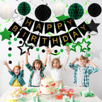 Meowtastic Birthday Decorations — Happy Birthday Banner, Honeycomb Balls, Star Swirl Streamers, Circle Dots (Green & Black)