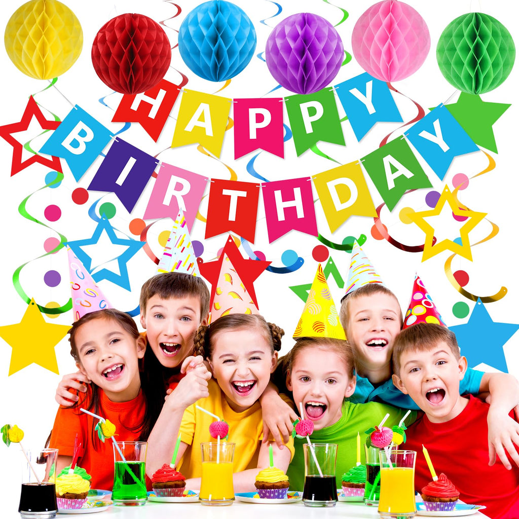 Meowtastic Rainbow Birthday Decorations – Banner, Honeycomb Balls & Stars Swirls