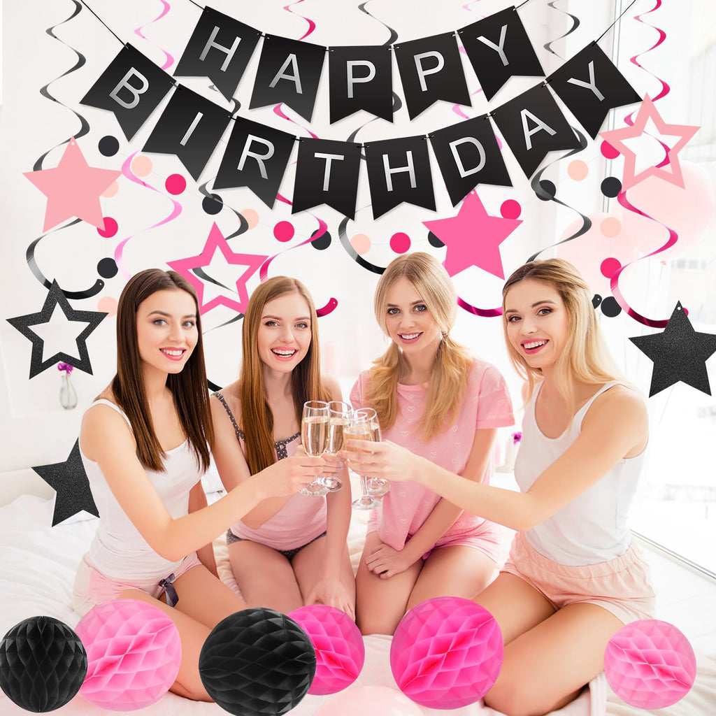 Meowtastic Birthday Decorations: Banner, Honeycomb Balls, Stars Swirl Streamers & Circle Dots Garland (Black & Pink)