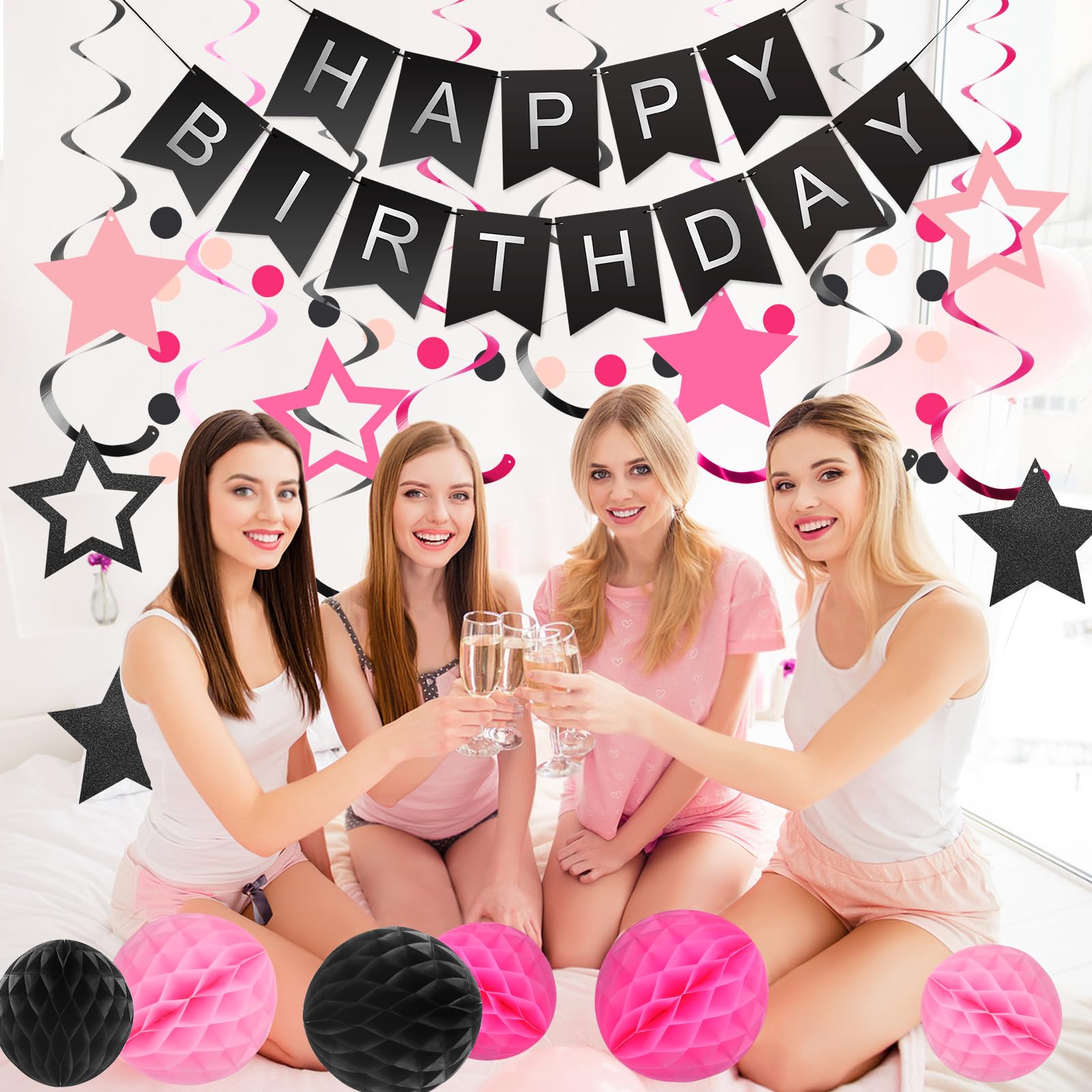 Meowtastic Birthday Decorations: Banner, Honeycomb Balls, Stars Swirl Streamers & Circle Dots Garland (Black & Pink)
