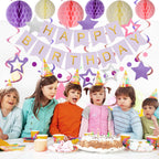 Meowtastic Birthday Decorations – Purple Banner, Honeycomb Balls, Stars Swirls & Circle Dots