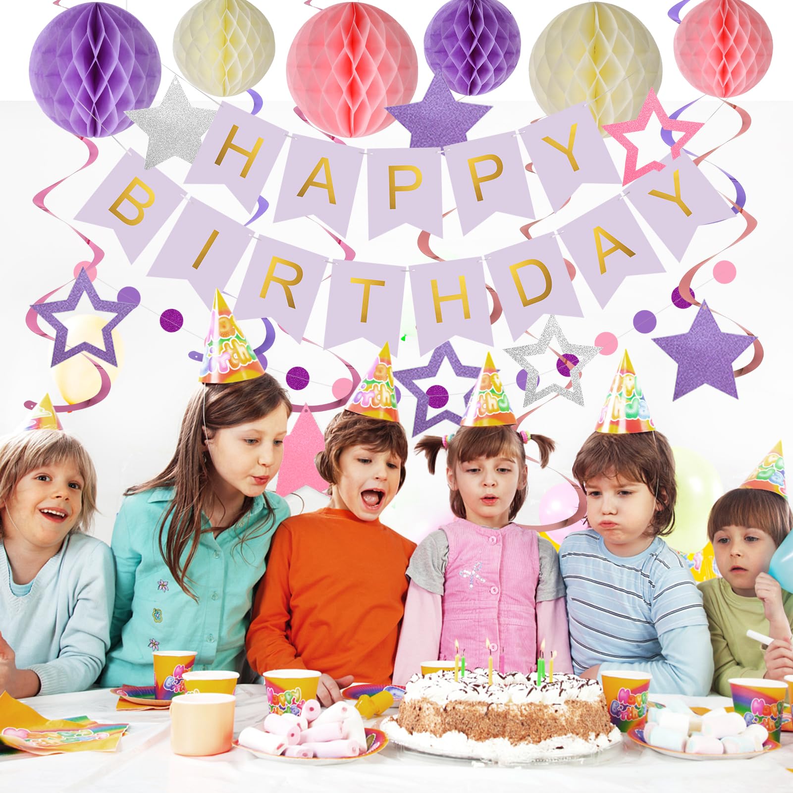 Meowtastic Birthday Decorations – Purple Banner, Honeycomb Balls, Stars Swirls & Circle Dots