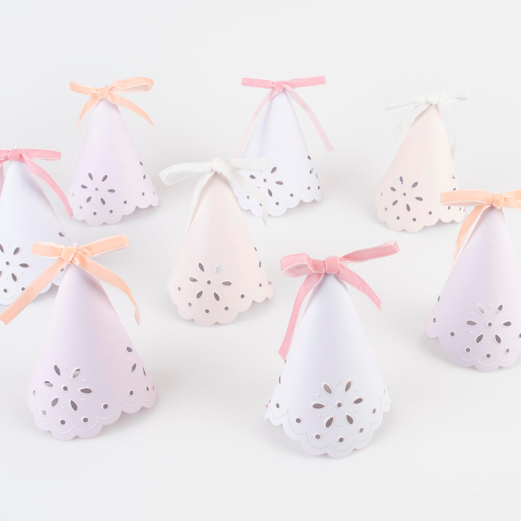 Meri Meri Broderie Anglaise Lace Party Hats Pack of 8 – Pastel Colors with Velvet Bows