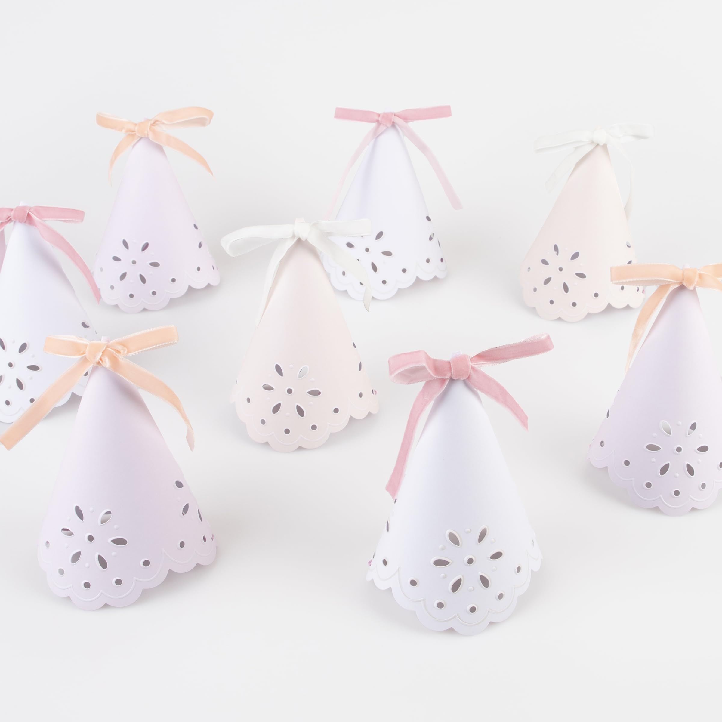 Meri Meri Broderie Anglaise Lace Party Hats Pack of 8 – Pastel Colors with Velvet Bows