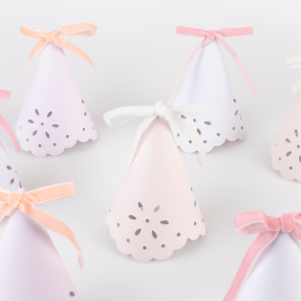 Meri Meri Broderie Anglaise Lace Party Hats Pack of 8 – Pastel Colors with Velvet Bows