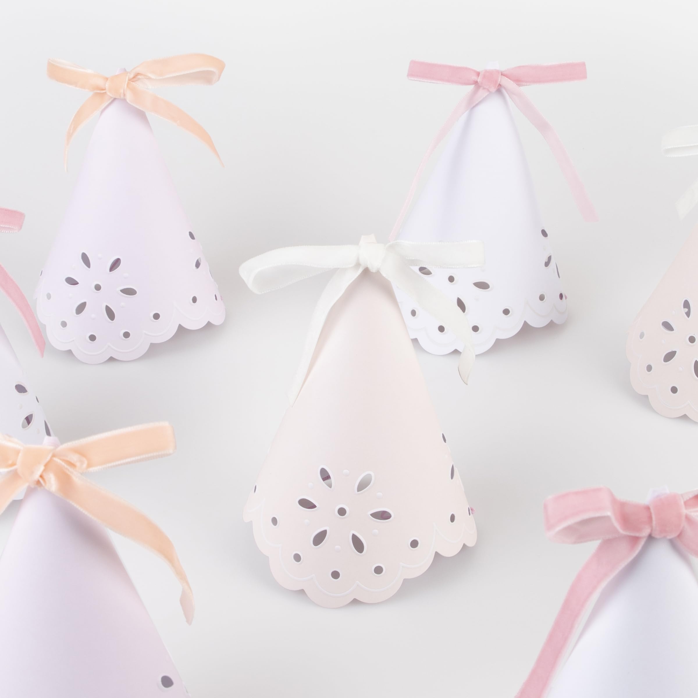Meri Meri Broderie Anglaise Lace Party Hats Pack of 8 – Pastel Colors with Velvet Bows