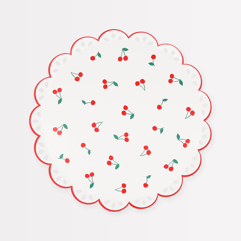 Meri Meri Garden Picnic Party Plates (Pack of 8) – Cherry Pattern, Scalloped Border, Eyelet Embroidery Feel