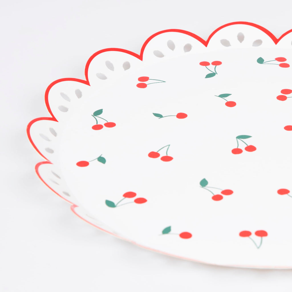 Meri Meri Garden Picnic Party Plates (Pack of 8) – Cherry Pattern, Scalloped Border, Eyelet Embroidery Feel