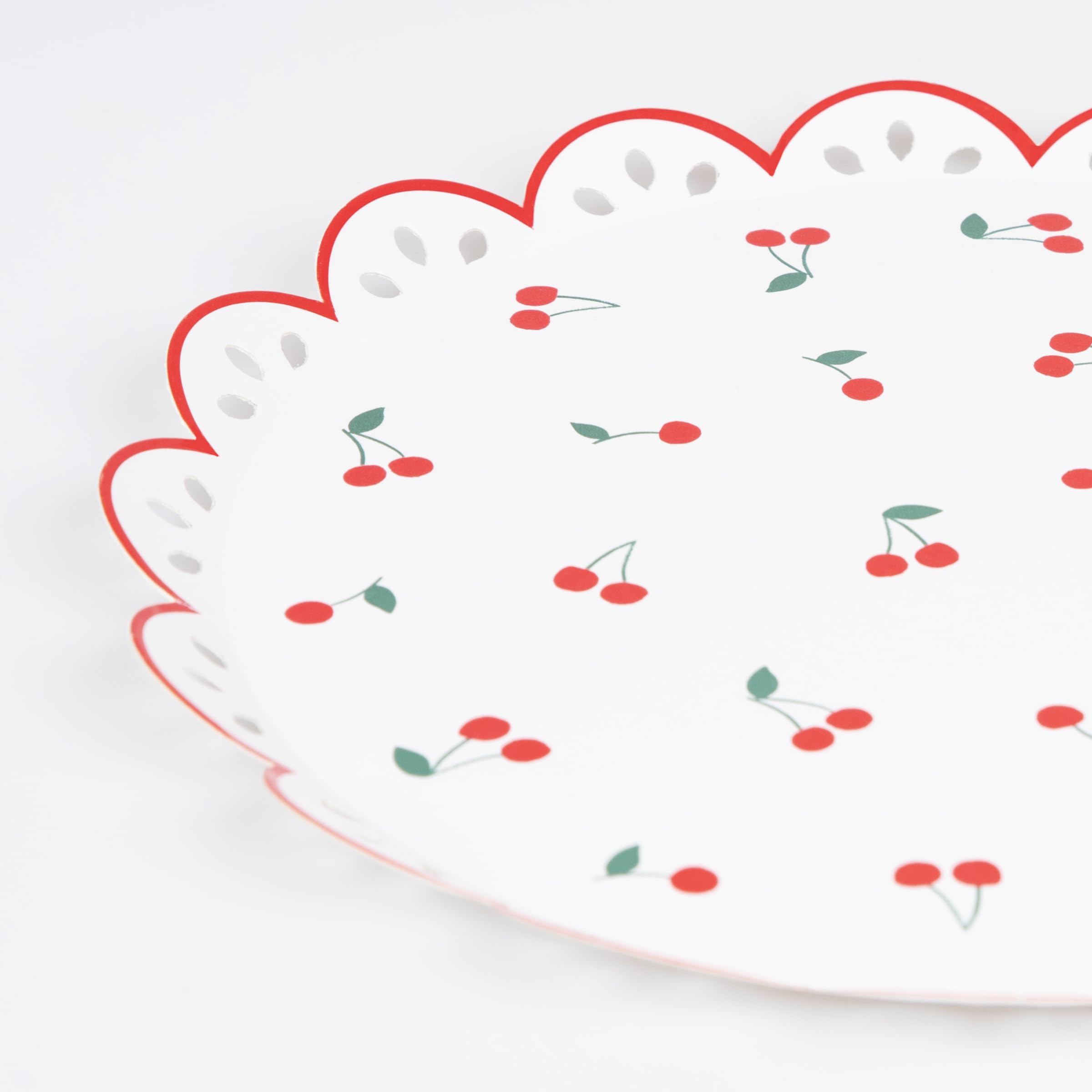 Meri Meri Garden Picnic Party Plates (Pack of 8) – Cherry Pattern, Scalloped Border, Eyelet Embroidery Feel