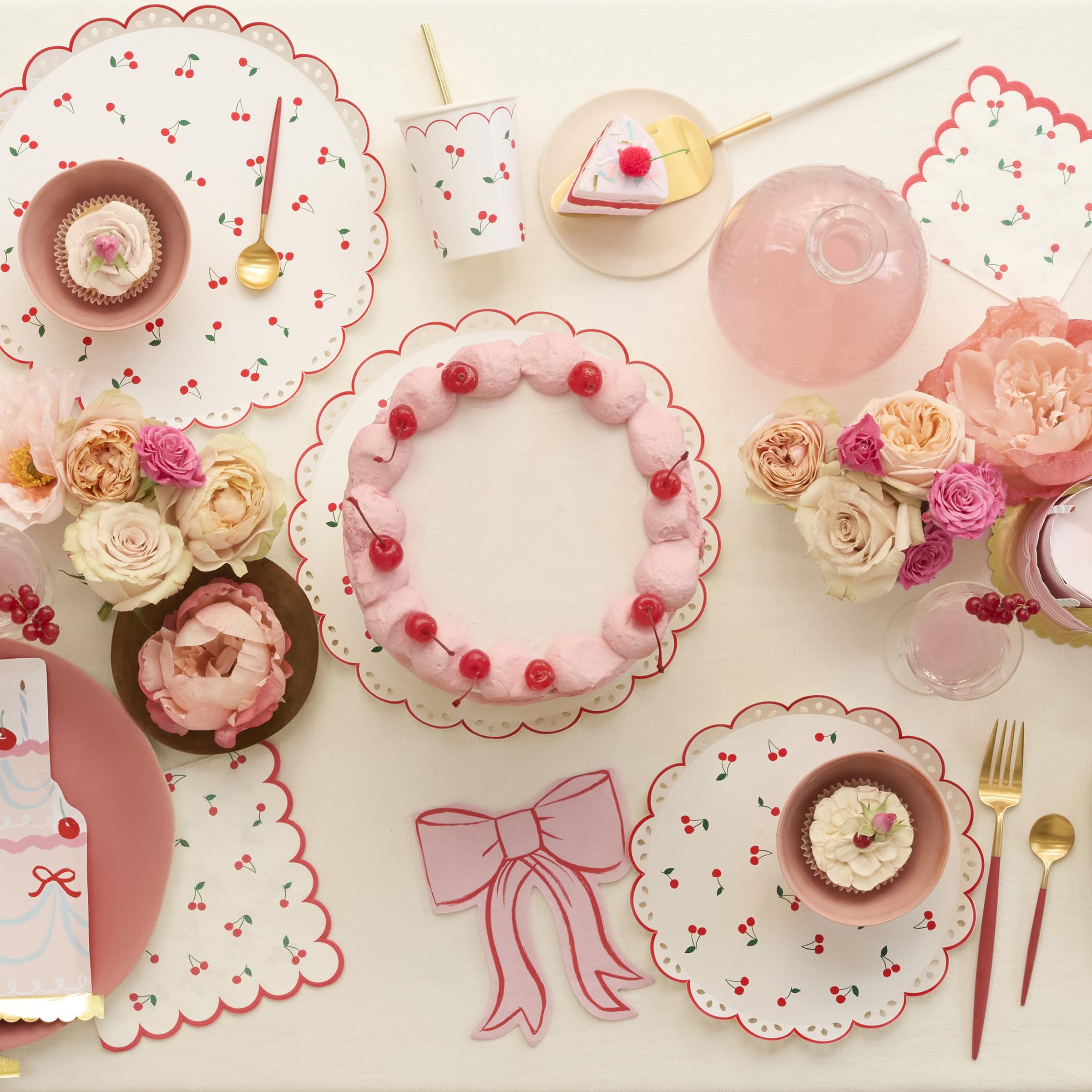 Meri Meri Garden Picnic Party Plates (Pack of 8) – Cherry Pattern, Scalloped Border, Eyelet Embroidery Feel