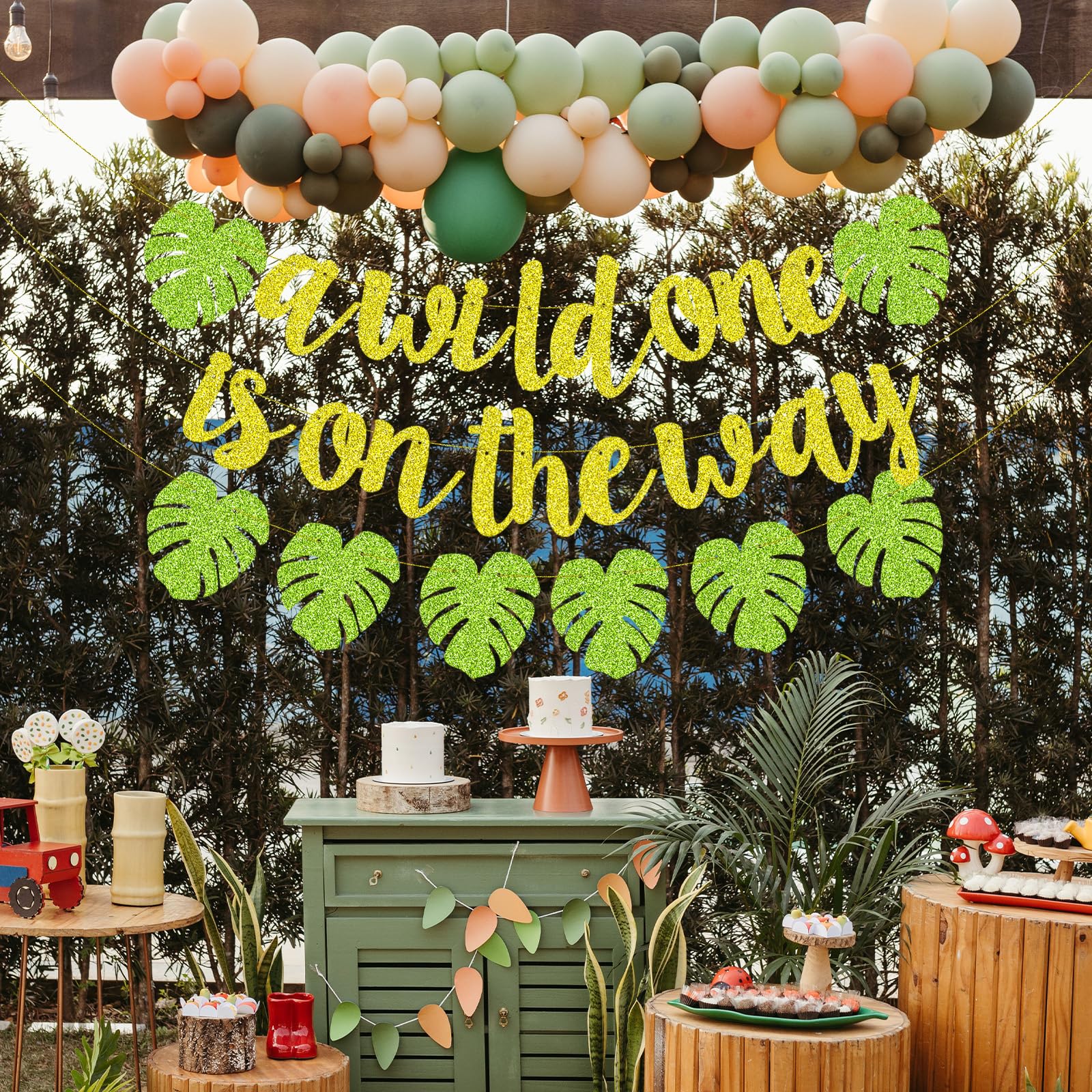 Merriva A Wild One Is On The Way Banner with Green Leaf Garland | Jungle Safari Baby Shower Decor