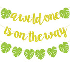 Merriva A Wild One Is On The Way Banner with Green Leaf Garland | Jungle Safari Baby Shower Decor