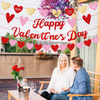 Merriva Happy Valentine's Day Banner with Heart Garland & Glittery Love Phrases | Romantic Party Decor