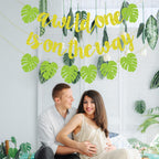 Merriva A Wild One Is On The Way Banner with Green Leaf Garland | Jungle Safari Baby Shower Decor