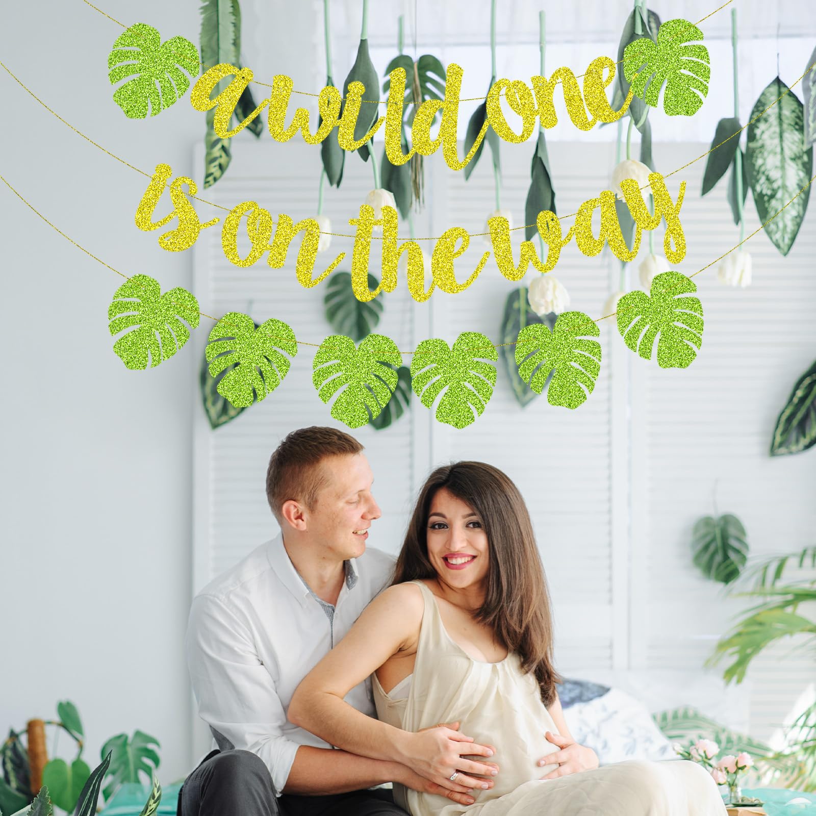 Merriva A Wild One Is On The Way Banner with Green Leaf Garland | Jungle Safari Baby Shower Decor