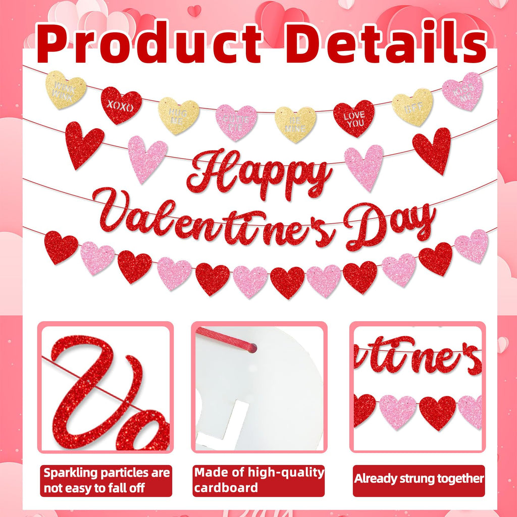 Merriva Happy Valentine's Day Banner with Heart Garland & Glittery Love Phrases | Romantic Party Decor