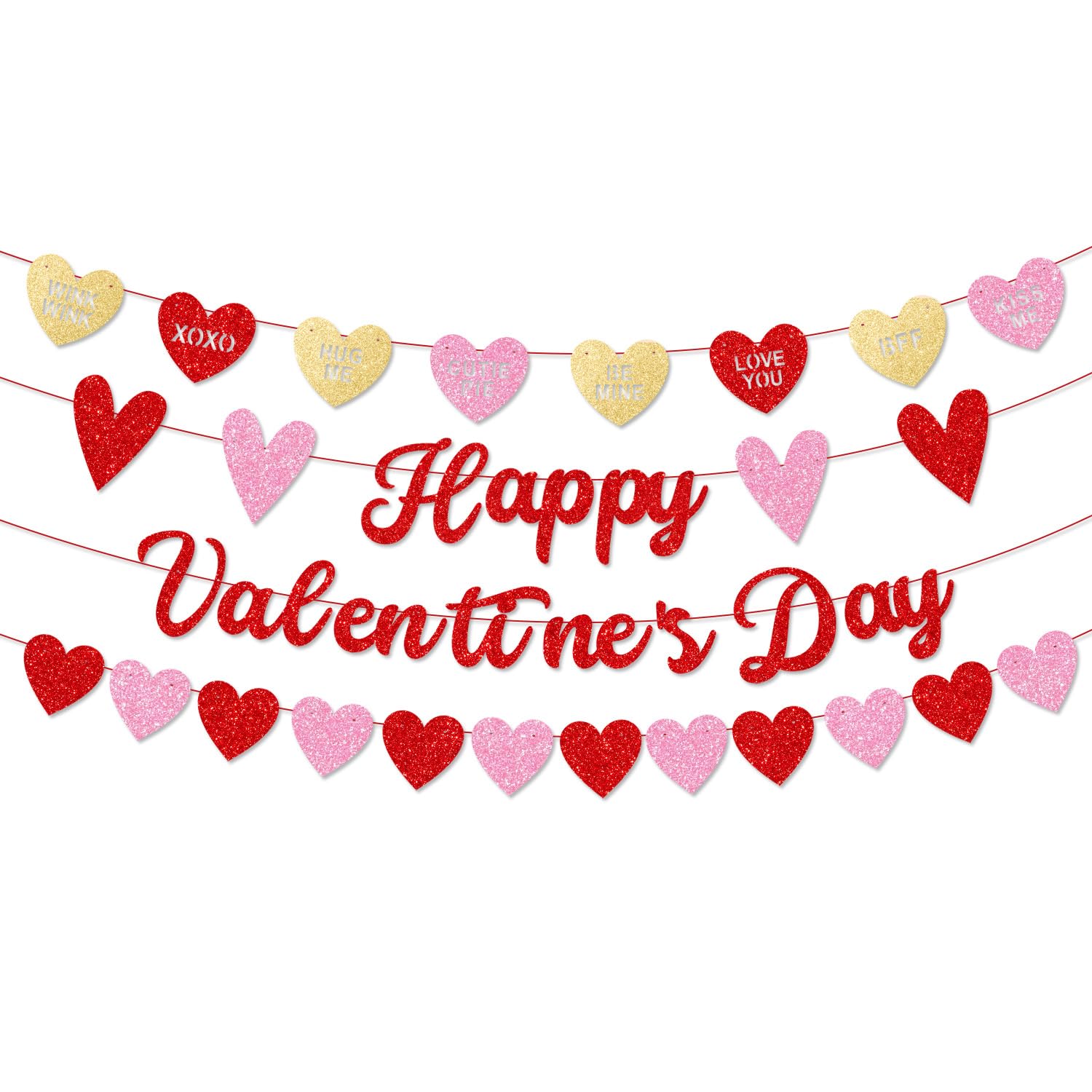Merriva Happy Valentine's Day Banner with Heart Garland & Glittery Love Phrases | Romantic Party Decor